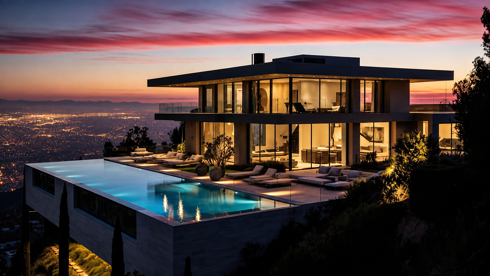 Luxury modern villa exterior at dusk