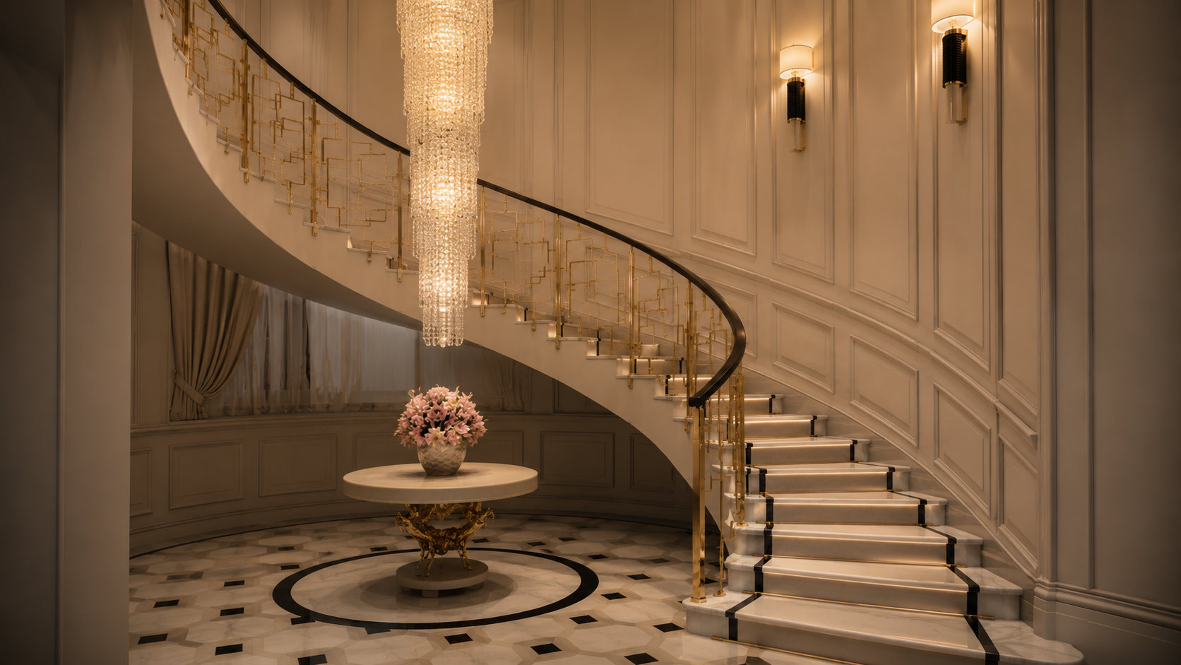 Stainless steel balustrade with glass infill on a marble staircase